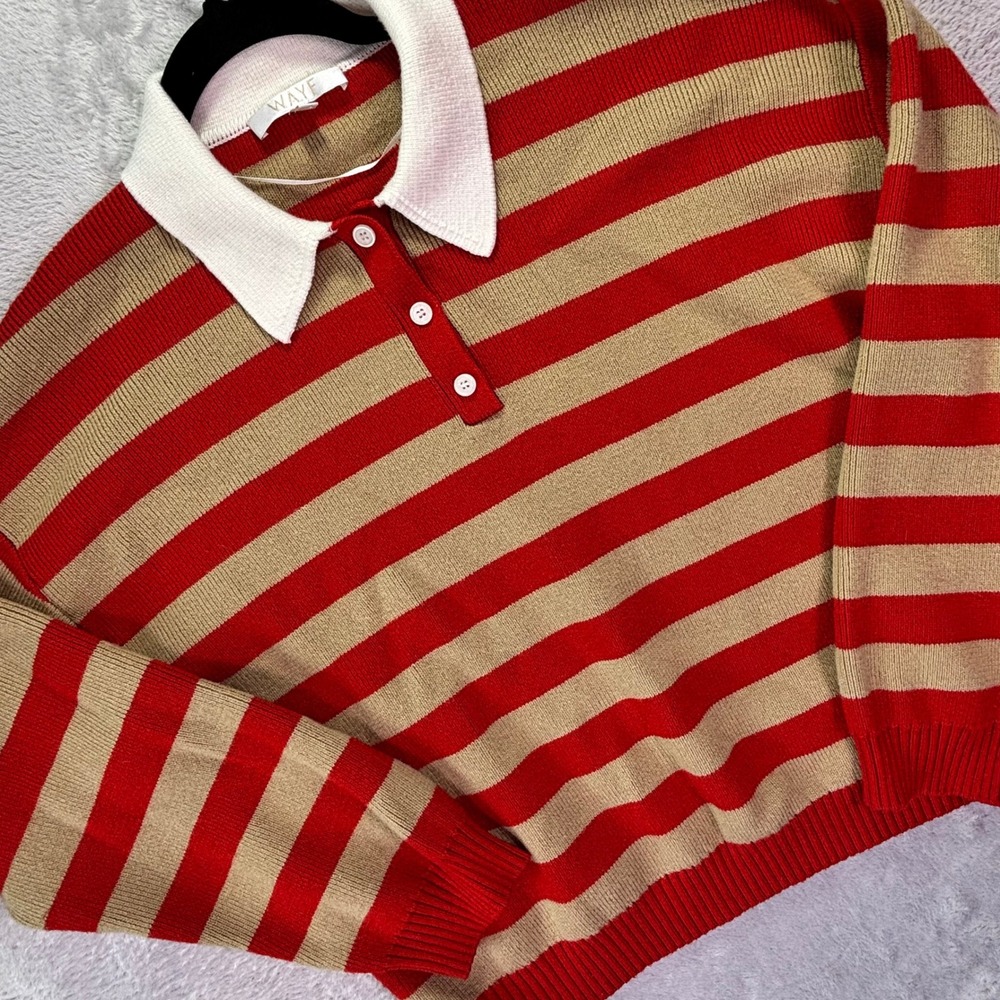 WAYF Womens Sweater Medium Red Tan Striped Rugby Polo Long Sleeve Button Collar